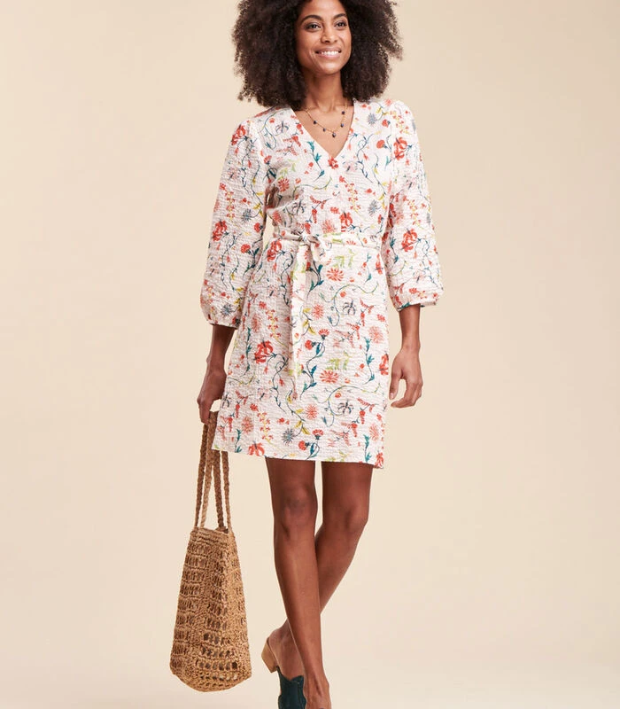 Korte Jurk In Reliëfkatoen Met Bloemenprint 3 Korte Jurk In Reliëfkatoen Met Bloemenprint