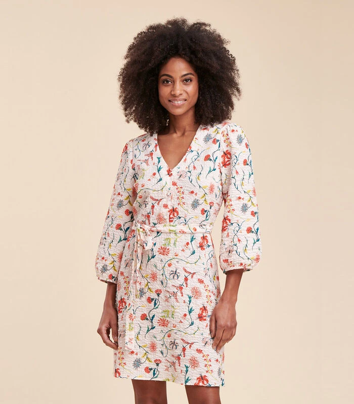 Korte Jurk In Reliëfkatoen Met Bloemenprint 4 Korte Jurk In Reliëfkatoen Met Bloemenprint - Afbeelding 2