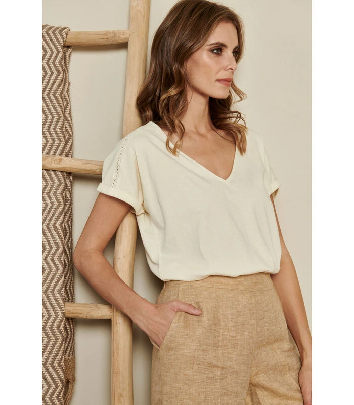 Crèmekleurige T-shirt Met Korte Mouw En V-hals