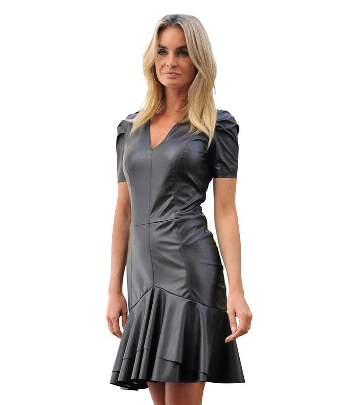 JULISSA Jurk Van Kunstleer Met Korte Mouwen En Ruches 3 JULISSA Jurk Van Kunstleer Met Korte Mouwen En Ruches