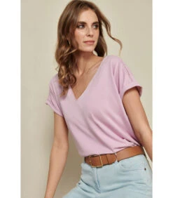 Roze T-shirt Met Korte Mouw En V-hals